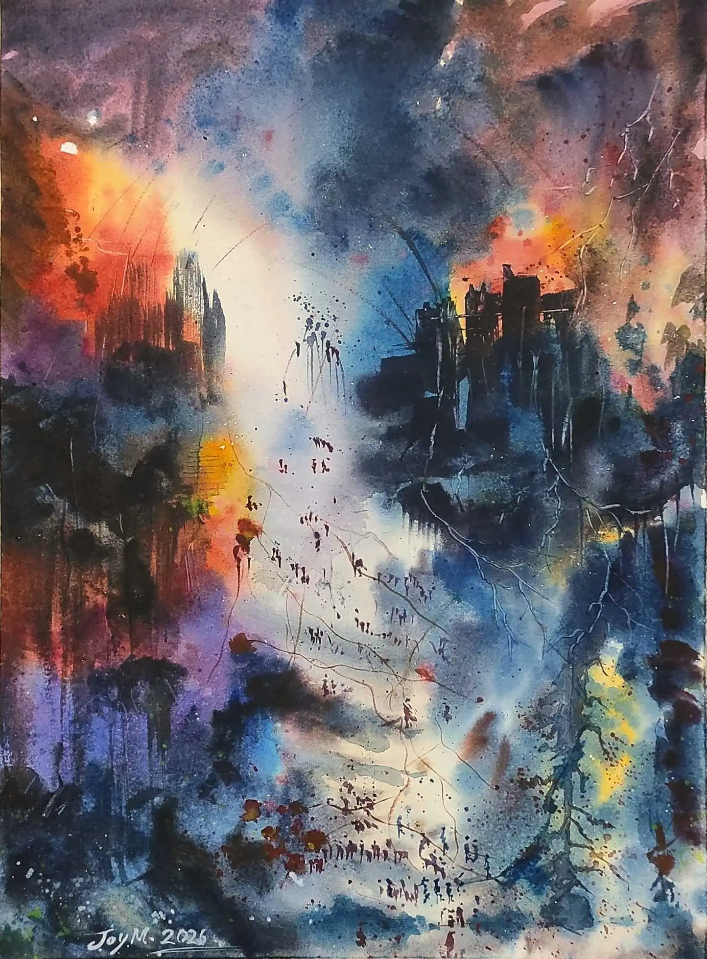 Original watercolor painting of a city on fire with tiny human figures, abstract expressionist style — for sale, by Joy M. 2026