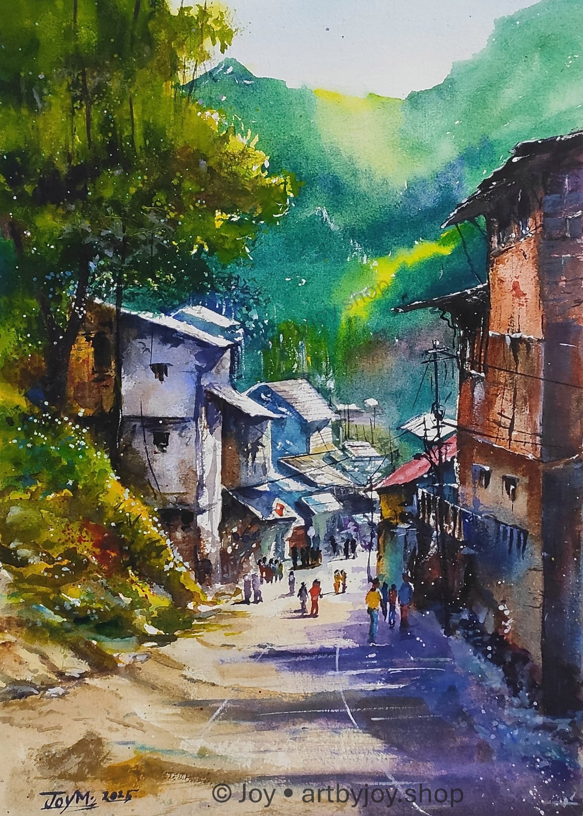 Morning in Kumaon 2 Original Watercolor Painting of a Sunlit Street in a Kumaoni Mountain Town — for sale by Joy – Original Watercolor on paper by Joy Mukherjee, 10 inches × 14 inches, Art by Joy, Kolkata