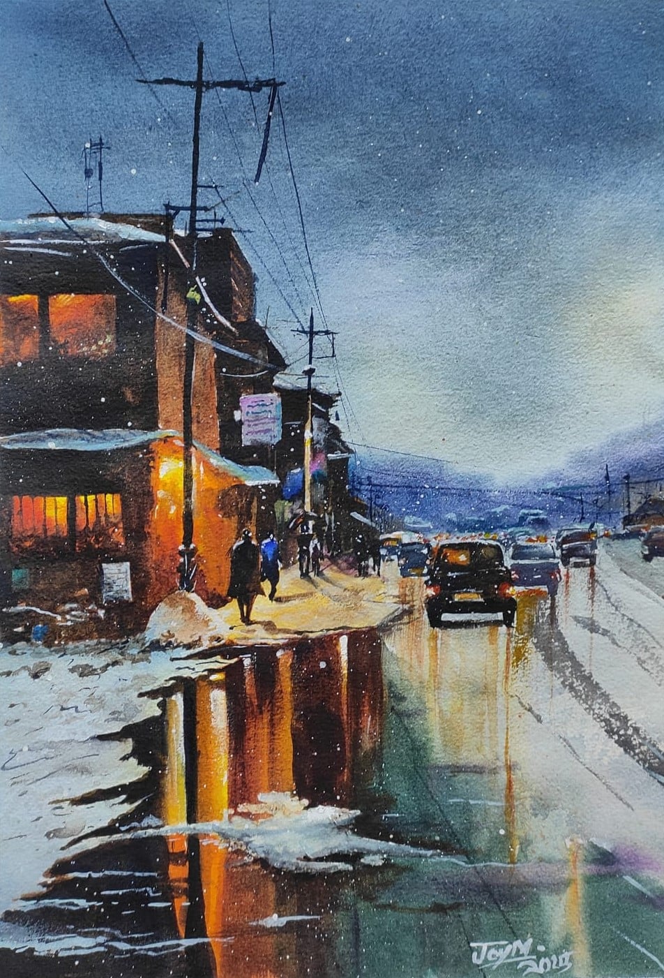 Reflections on Snowy Street at Dusk Original Watercolor Painting of Snowy Street Reflections at Dusk by Joy – Original Watercolor on paper by Joy Mukherjee, 10 inches × 14 inches, Art by Joy, Kolkata