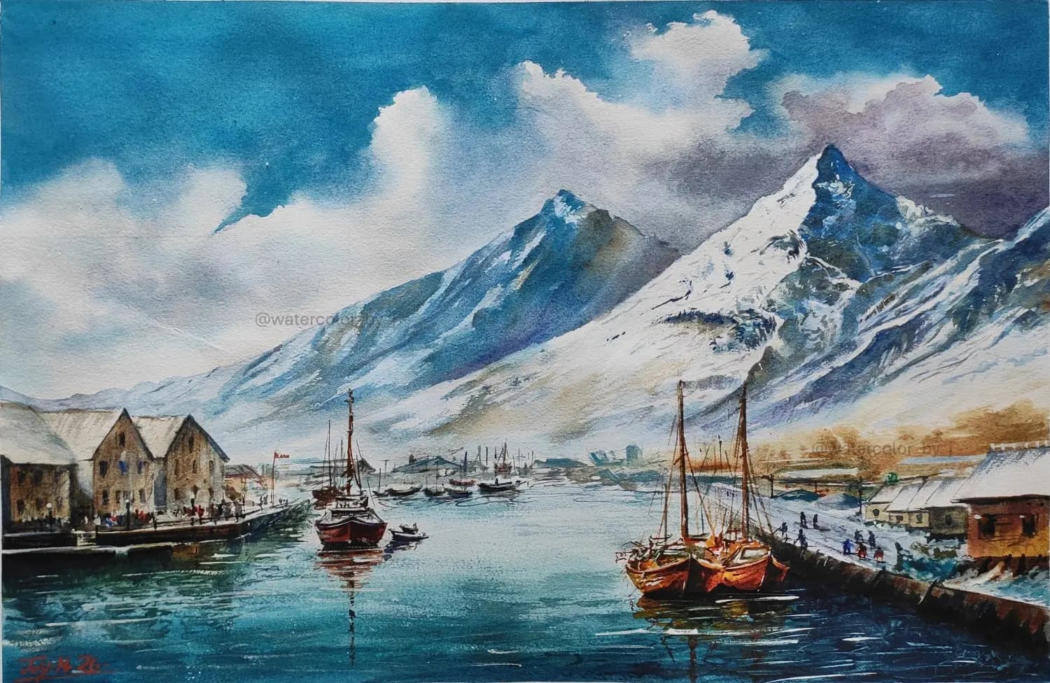 Original Watercolor Painting of a Calm Scandinavian Harbor and Mountains