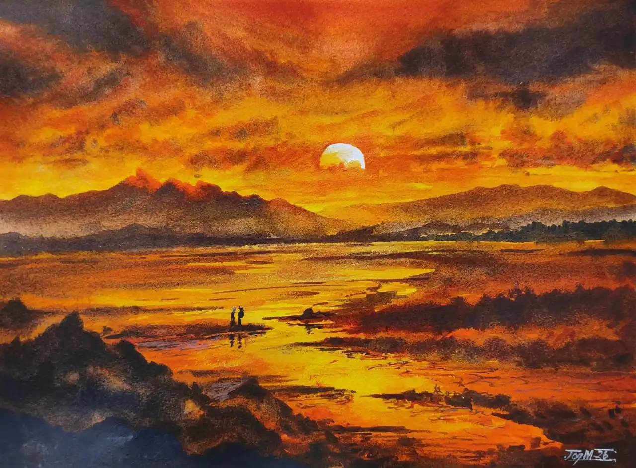 Original Watercolor Painting of Lovers on a Distant Shore at Sunset