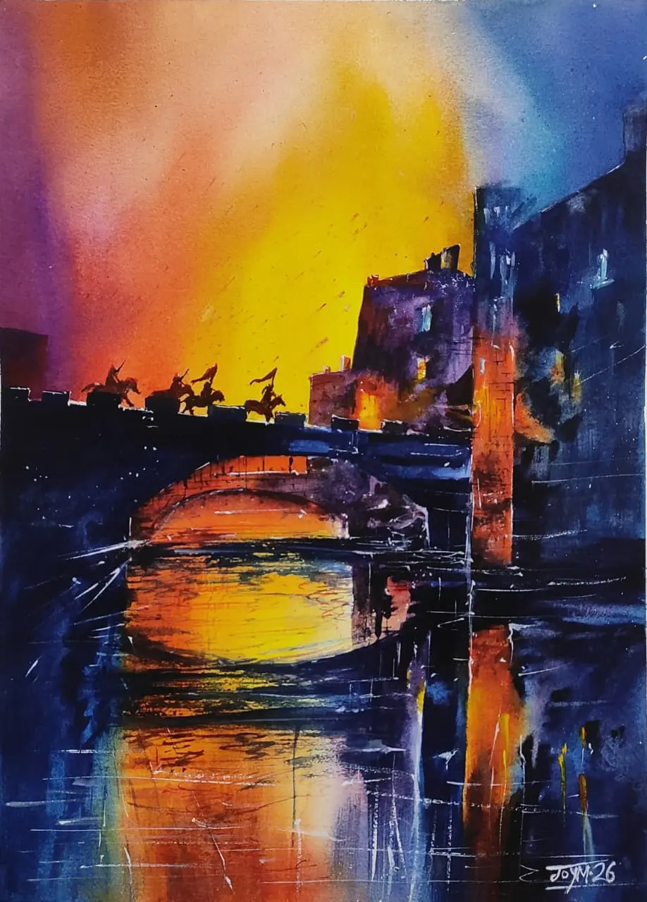 Original Watercolor Painting of Riders Charging Across a Bridge to a Burning Castle