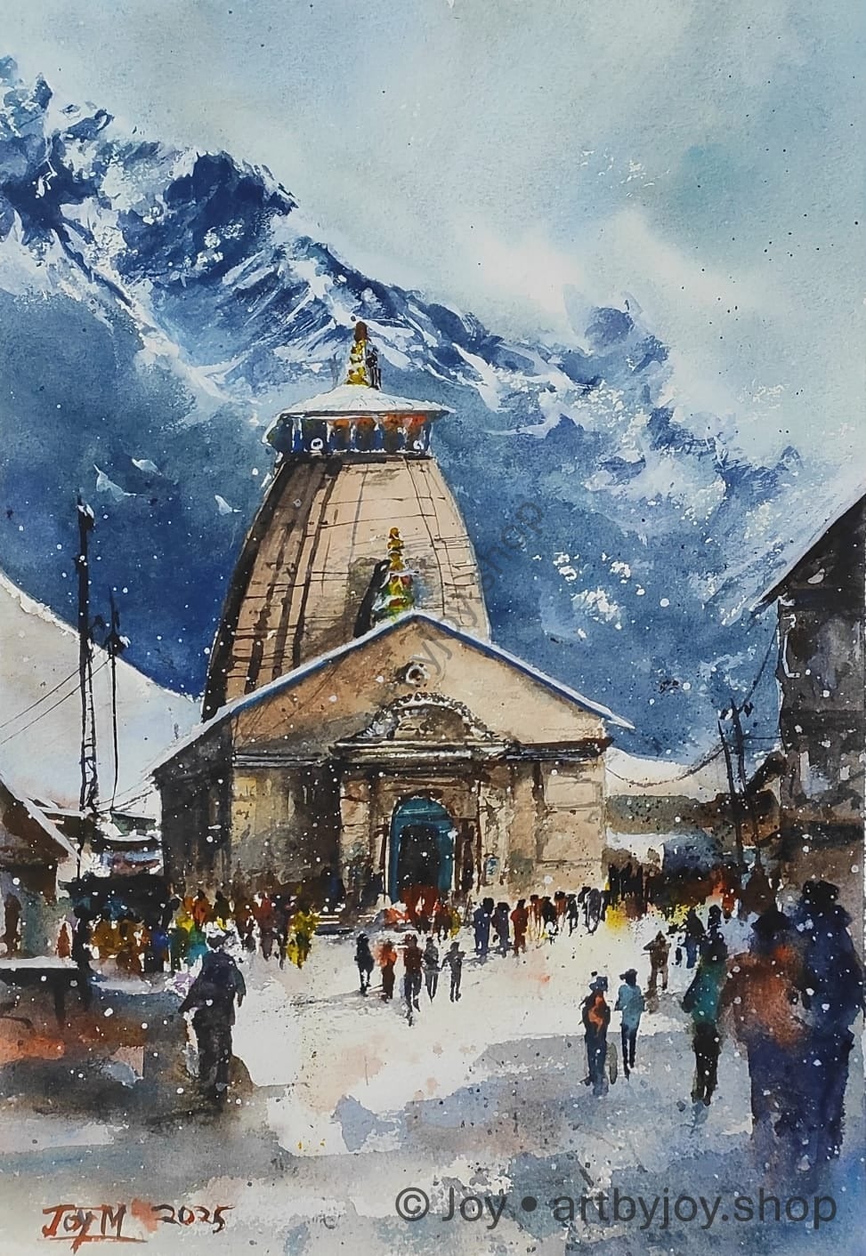 A Snowy Morning in Kedarnath Original Watercolor Painting of a Snowy Morning in Kedarnath Mountains — for sale by Joy – Original Watercolor on paper by Joy Mukherjee, 10 inches × 14 inches, Art by Joy, Kolkata