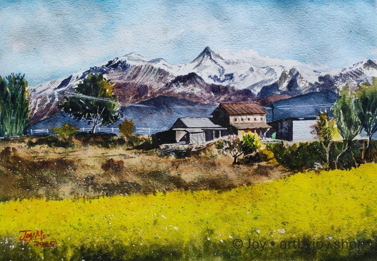 Annapurna from Nepali Village Original Watercolor Painting of Mt Annapurna from a Nepali Village by Joy – Original Watercolor on paper by Joy Mukherjee, 10 inches × 14 inches, Art by Joy, Kolkata