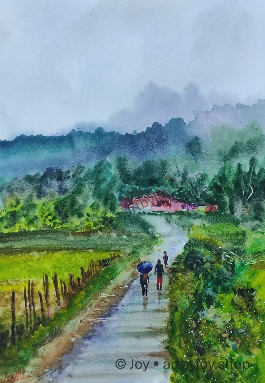 Monsoon Village Original Watercolor Painting of a Monsoon Village Landscape in India — for sale by Joy – Original Watercolor on paper by Joy Mukherjee, 8.27 inches × 11.69 inches, Art by Joy, Kolkata