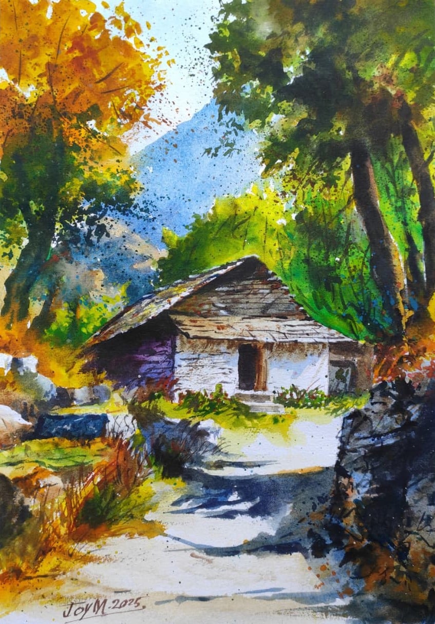 Quiet Afternoon in the Hills Original Watercolor Painting of a Quiet Hillside Home and Trees — for sale by Joy – Original Watercolor on paper by Joy Mukherjee, 10 inches × 14 inches, Art by Joy, Kolkata